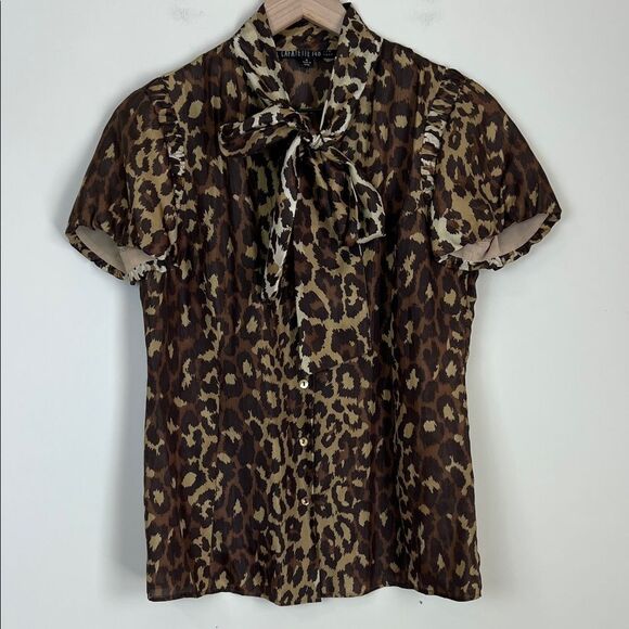 Lafayette 148 New York 100% Silk Blouse Neck Tie Button Down Animal Print Size 4 - Picture 1 of 8